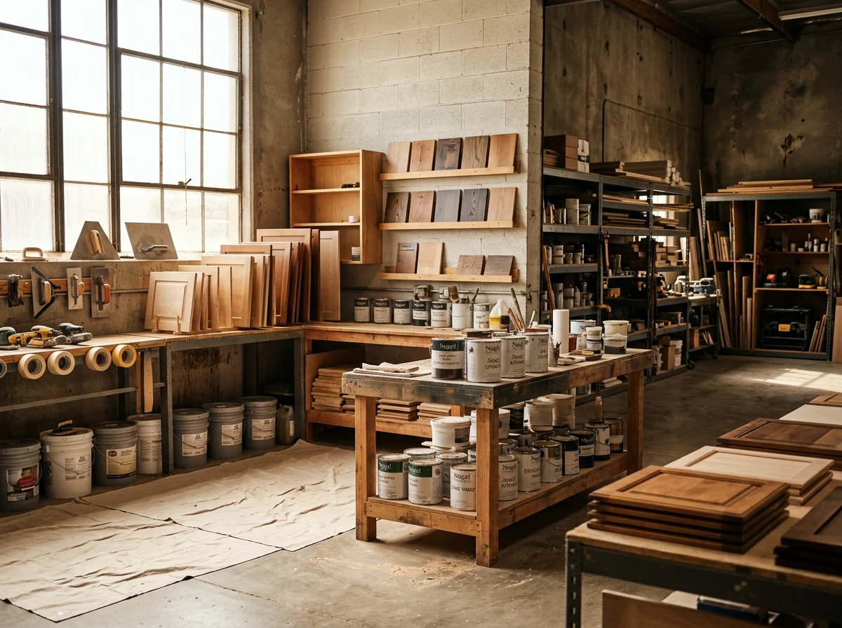 Professional finishing shop with wood refinishing materials, paint supplies, and tools ready for custom cabinet and interior projects.