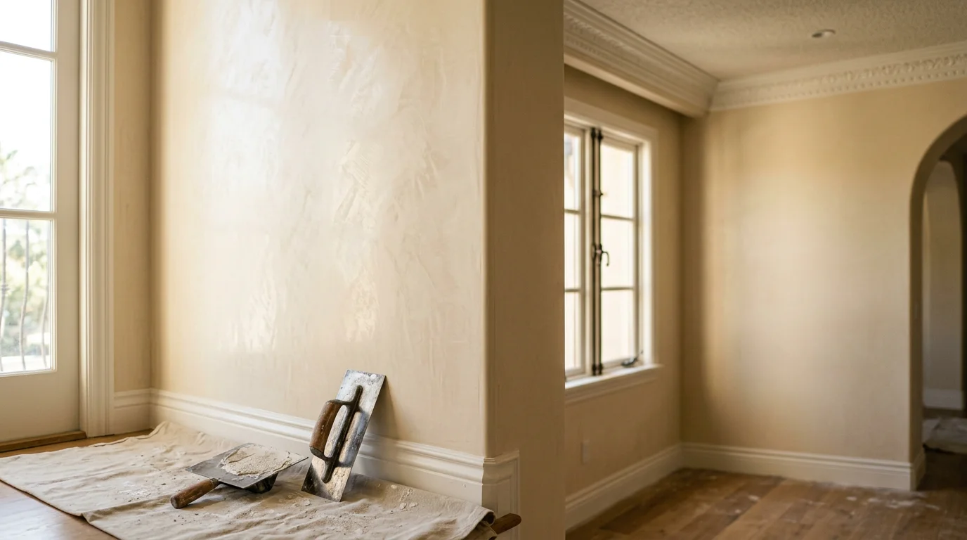 Venetian plaster finish applied to an interior wall with smooth texture