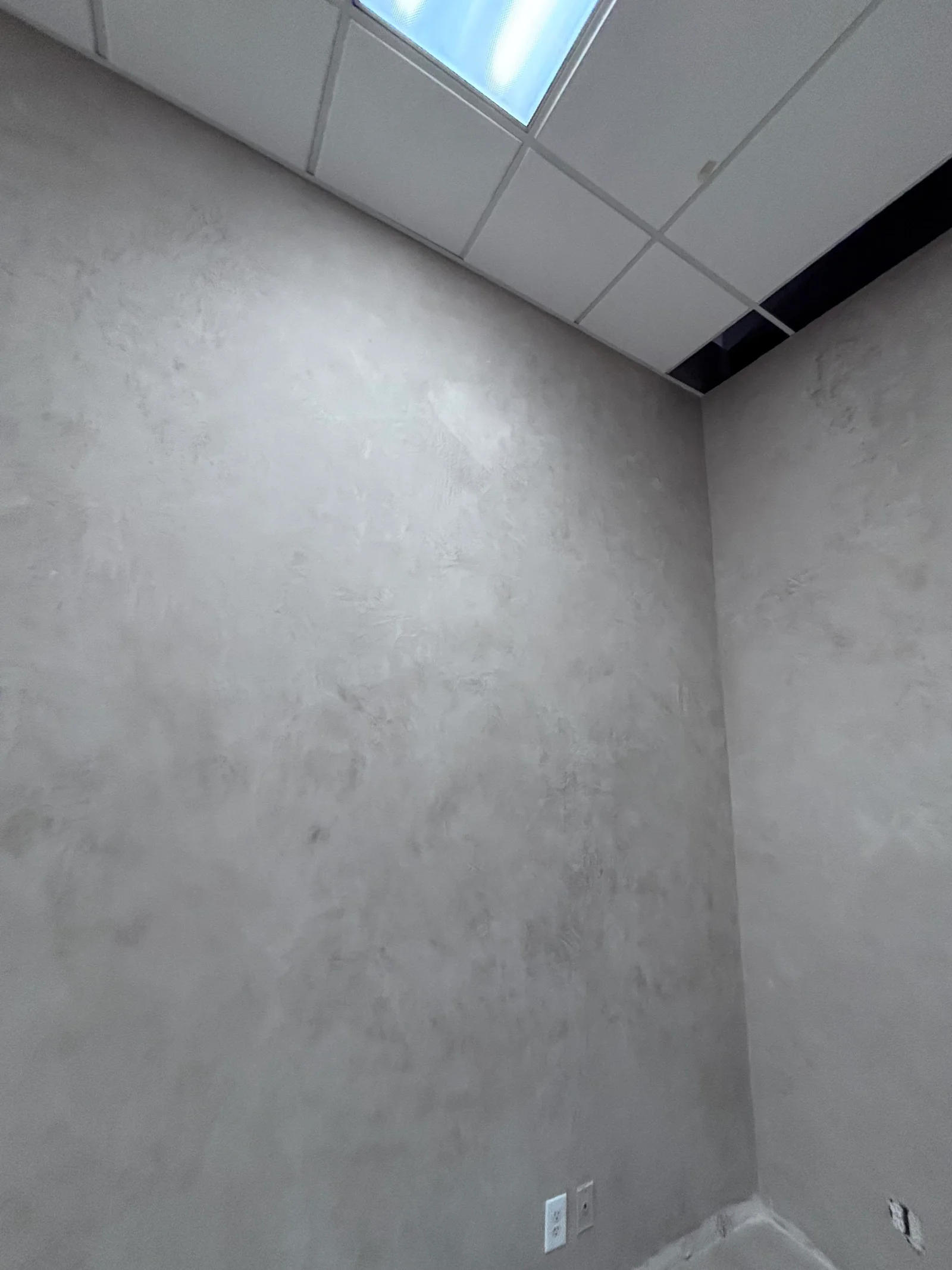 Finished drywall walls with smooth compound and white suspended ceiling tiles with skylight