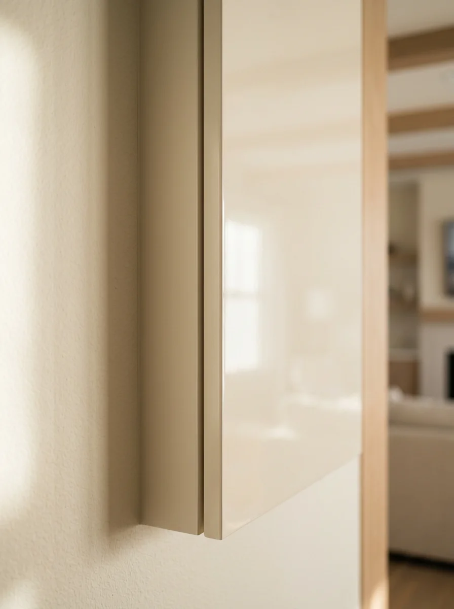 Detail of a lacquer-finished cabinet door in a Balboa Island custom home, showing an even sheen and clean edge profile typical of fine wood finish work.
