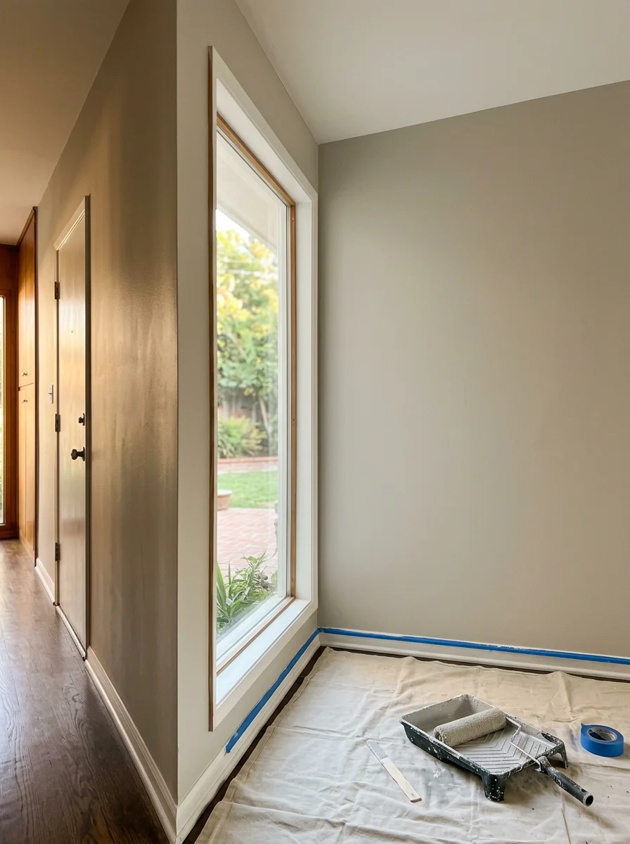 Interior paint work in a Costa Mesa mid-century living room, showing freshly painted walls in a neutral tone with clean edges at the ceiling and trim.