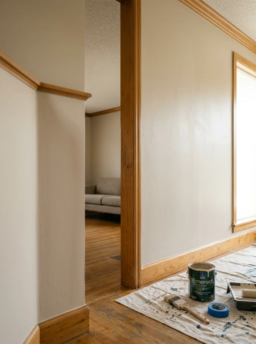 Interior paint work in a Fullerton ranch-style living room, showing freshly painted walls in a warm neutral with crisp edges at the ceiling and original wood trim.