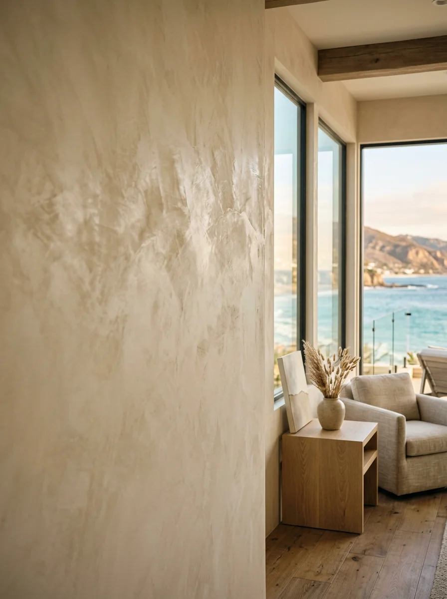 Venetian plaster wall finish in a Laguna Beach custom coastal home, showing the layered matte texture against large windows with a hillside view.