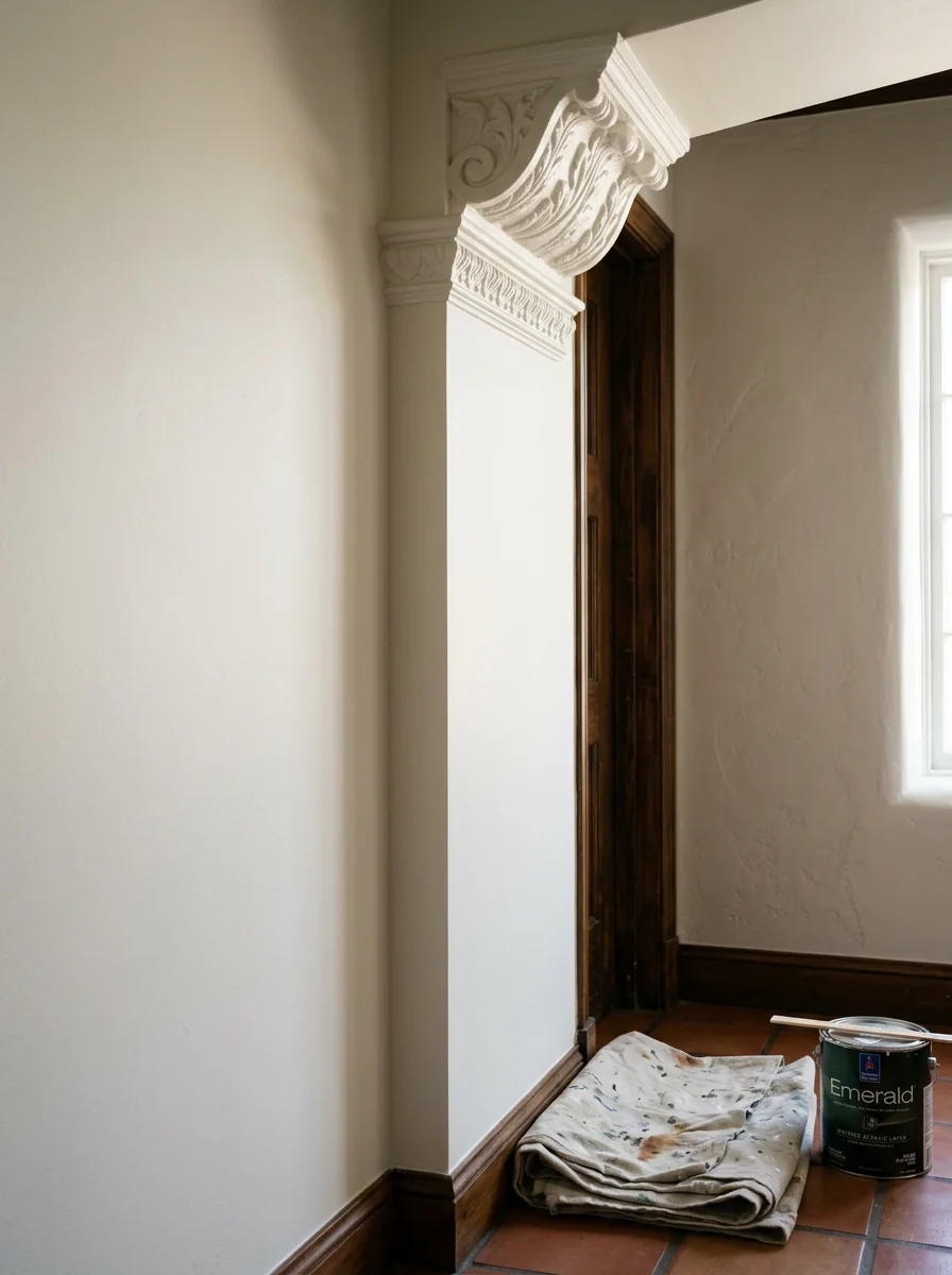 Interior paint work in a Long Beach Spanish-style home, showing smooth painted walls in a warm white with clean edges at original plaster crown molding.