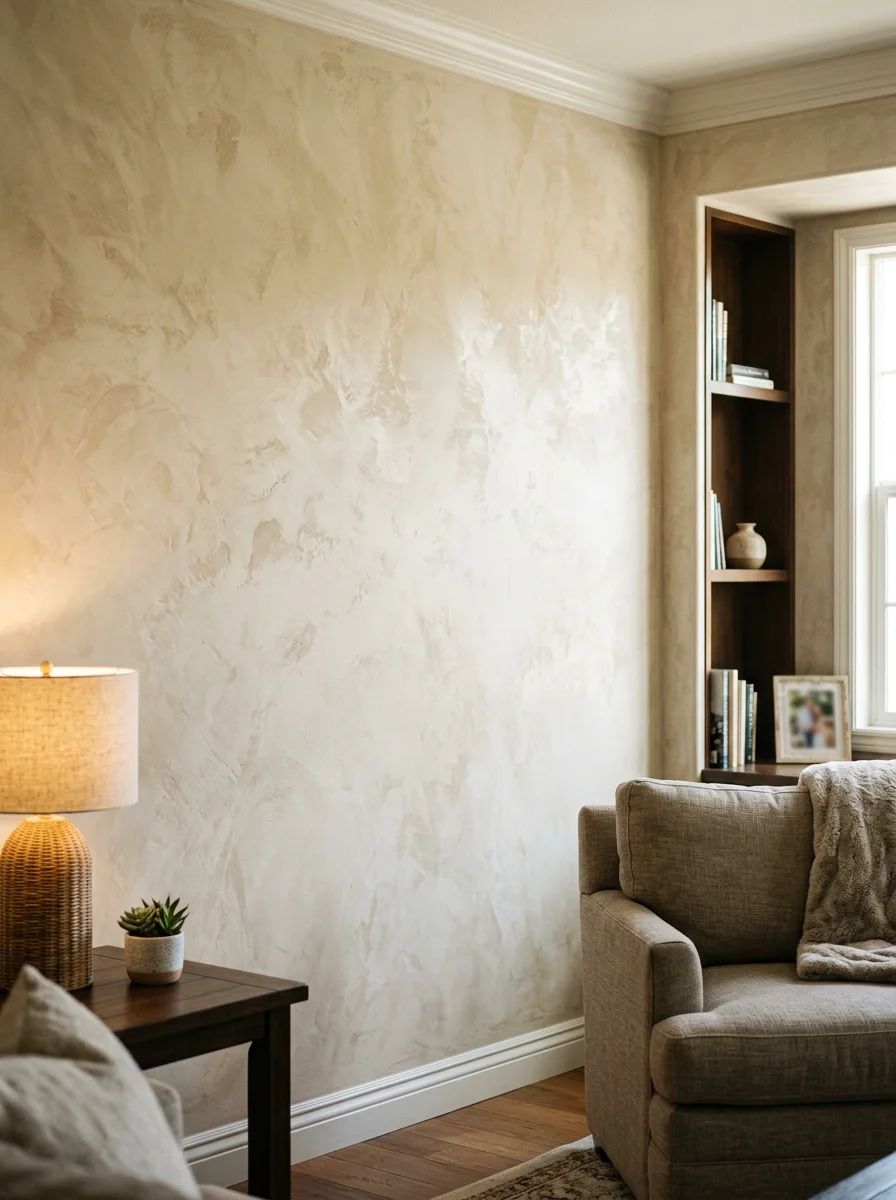 Venetian plaster wall finish in a Mission Viejo living room, showing a warm layered texture on a standard drywall wall in a planned community home.