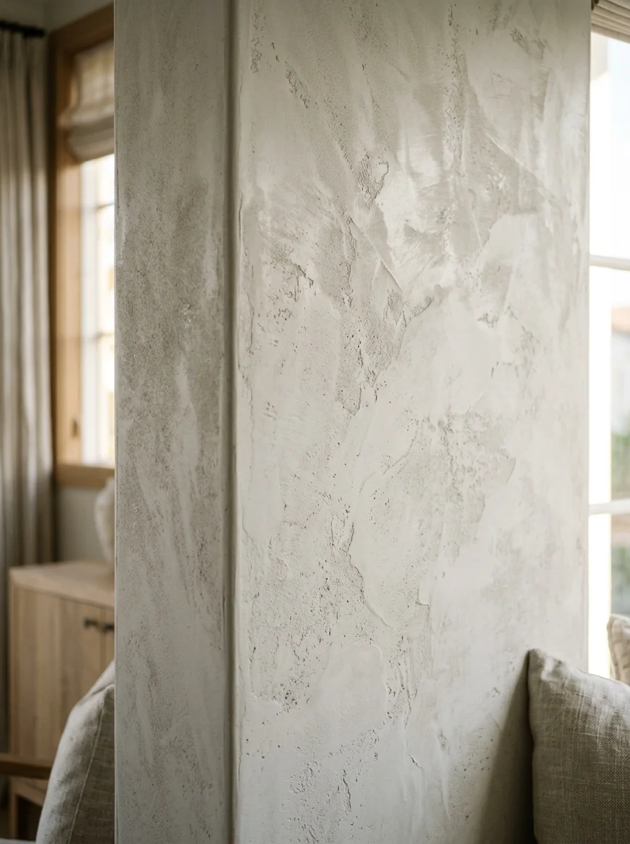 Close-up of a Venetian plaster wall finish in a Newport Beach living room, showing the layered texture and matte sheen typical of custom coastal interiors.