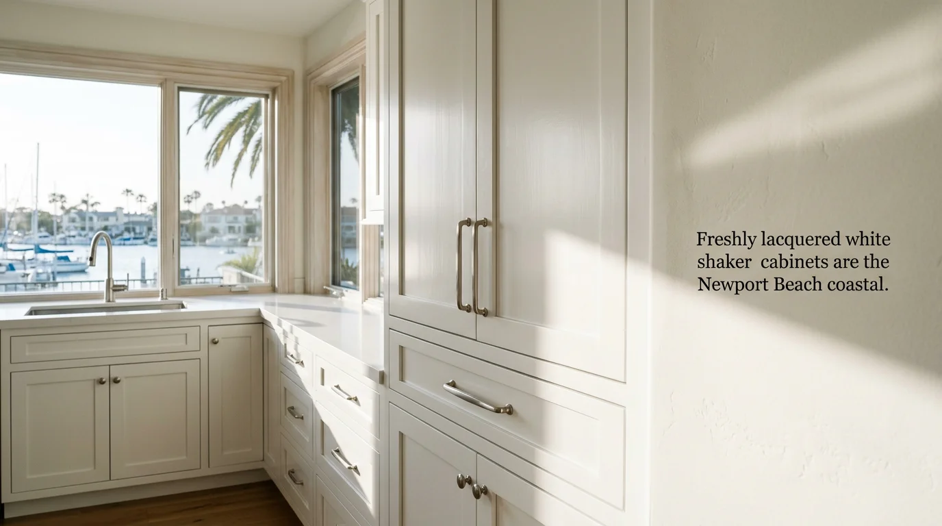 Freshly lacquer-finished kitchen cabinets in a Newport Beach coastal home with white shaker doors and brushed hardware, natural light from a harbor-facing window.
