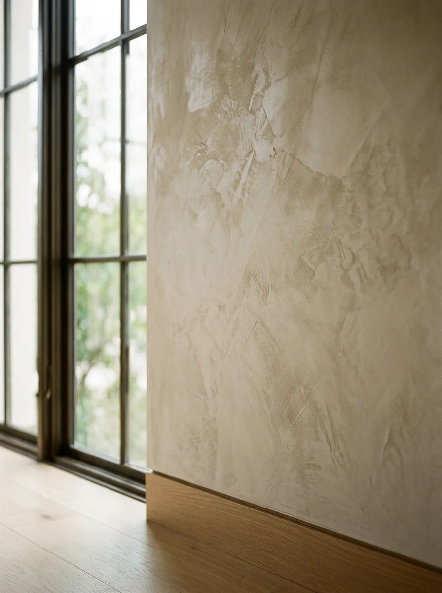 Venetian plaster wall finish in an Orange County custom home interior, showing a layered matte texture in a warm neutral tone against large windows and hardwood flooring.