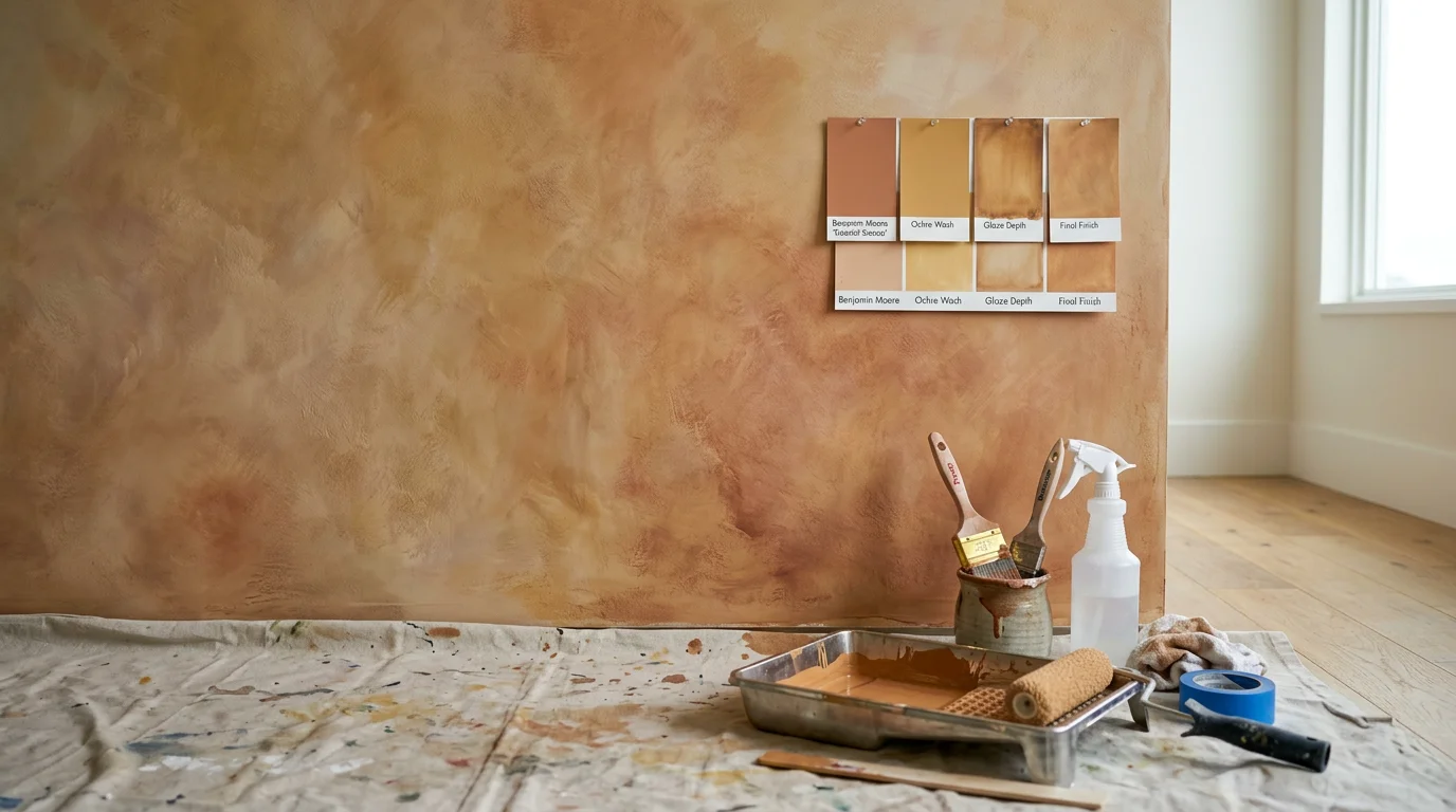 A textured decorative paint finish on an interior wall of a Newport Beach home, showing layered depth and warm coastal tones. The finish covers a living room accent wall with a limewash-style application that catches natural light.