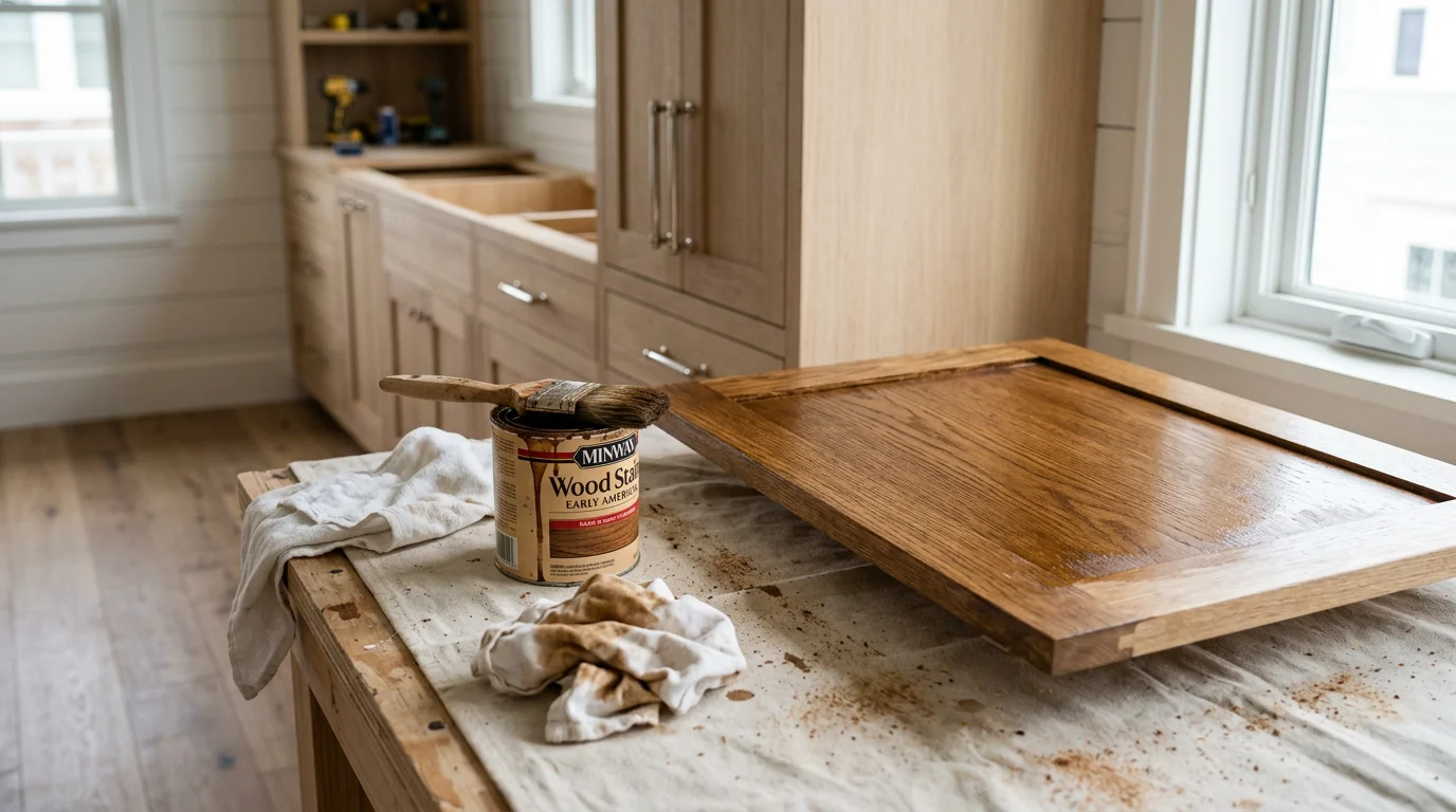 Close-up of custom-stained wood cabinet doors in a Newport Beach home, showing rich grain detail and an even, deep finish. The cabinetry reflects the warm, natural tones common in coastal Orange County interiors.