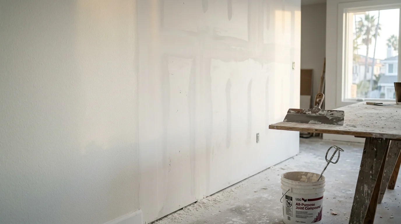 A smooth, freshly finished drywall wall and ceiling inside a Newport Beach residential home, showing clean taped seams and an even surface ready for paint.