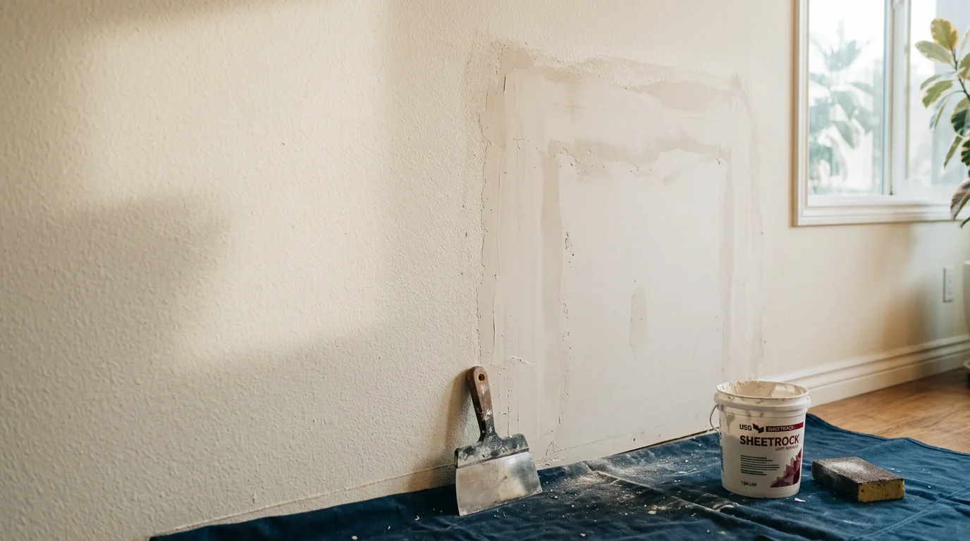 A freshly patched interior wall in a Newport Beach home, with the repaired section sanded smooth and feathered to blend seamlessly with the surrounding drywall surface. The wall is paint-ready with no visible seam or texture difference under natural light.