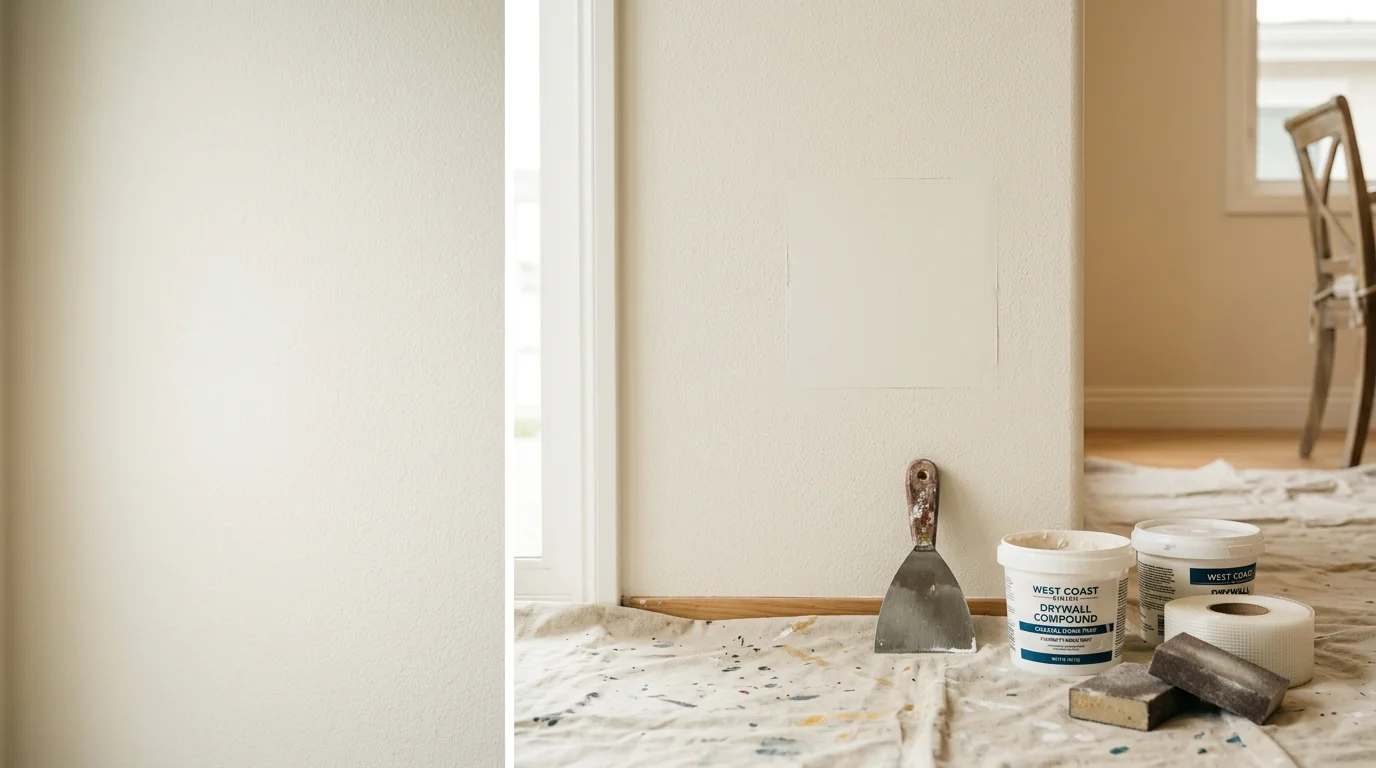 A smooth, freshly repaired interior wall in a Newport Beach home showing no visible seams or patched areas. The wall surface texture is consistent across the repaired section and the surrounding area.