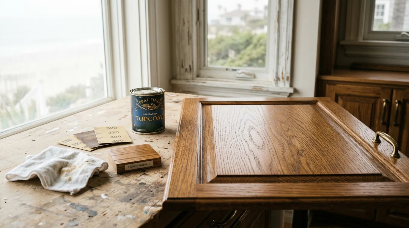 Close-up of a freshly refinished fine wood built-in with restored grain and smooth, even finish coat in a Newport Beach home interior. The surface shows clean color depth and no peeling or discoloration typical of coastal wear.