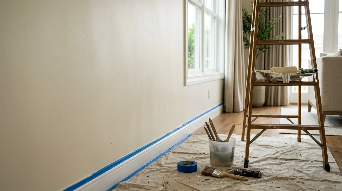 Freshly painted interior living room walls with clean trim lines in a Newport Beach home. Smooth, even coverage on walls and ceiling with no visible brush marks or surface flaws.
