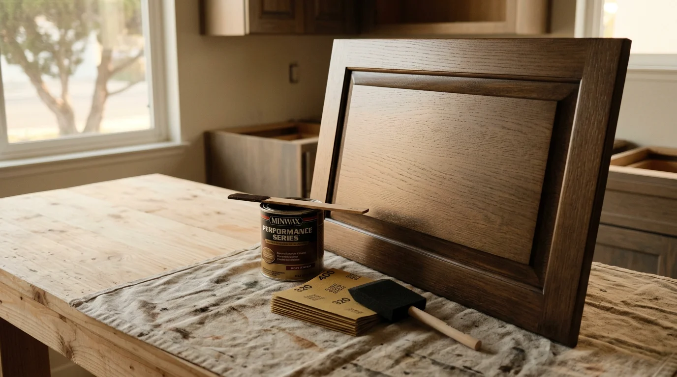 Refinished kitchen cabinets in a Newport Beach home showing smooth, even finish on raised-panel doors with clean lines throughout. Close-up view highlights the restored wood surface and consistent color typical of a professional cabinet refinishing result in a coastal Orange County kitchen.