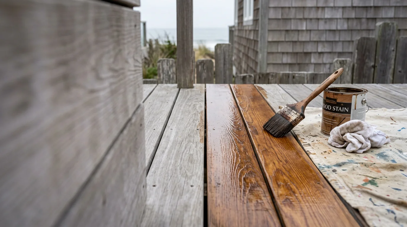 A freshly stained wood deck on a Newport Beach home showing even, deep-toned color across the boards and railing. The coastal residential setting is visible in the background with clear afternoon light.