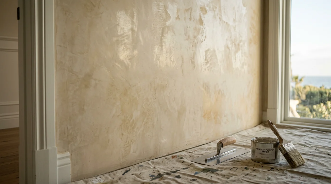 Close-up of a hand-burnished Venetian plaster wall with a smooth, stone-like finish in a Newport Beach interior. The surface shows natural tonal variation and a soft sheen typical of multi-coat lime plaster application.