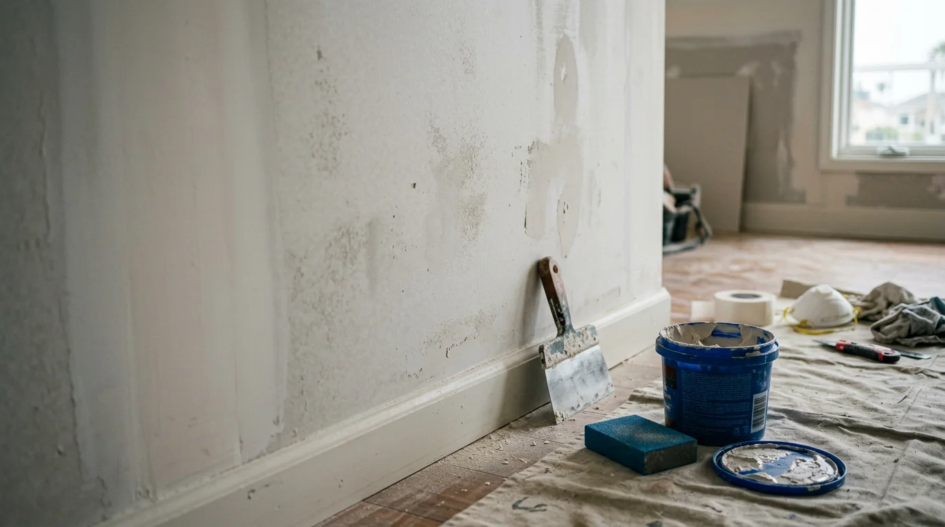 A plasterer smoothing and leveling an interior wall surface in a Newport Beach home prior to finish coat application. The wall shows a clean, prepped substrate with filled cracks and an even surface ready for plaster.